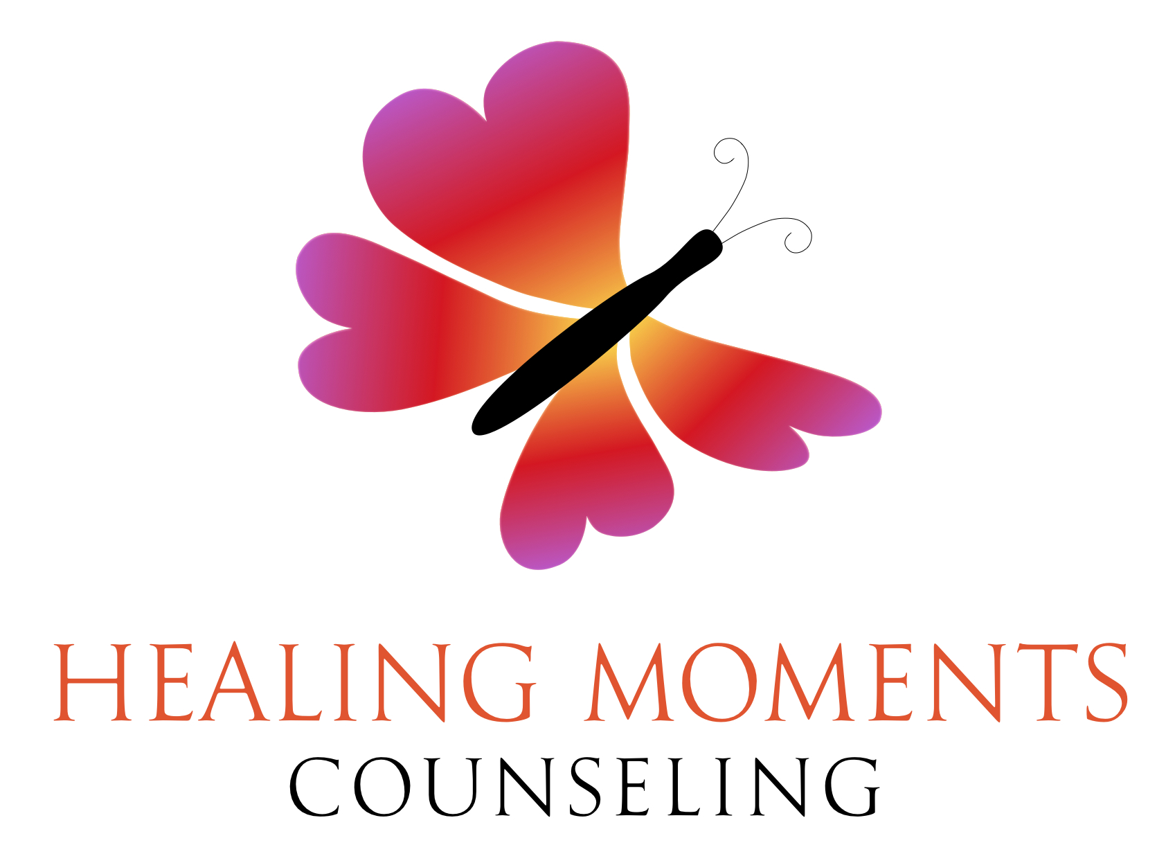 Colorful butterfly with pink and purple wings, black body, and antennae, above the text 'Healing Moments Counseling'.