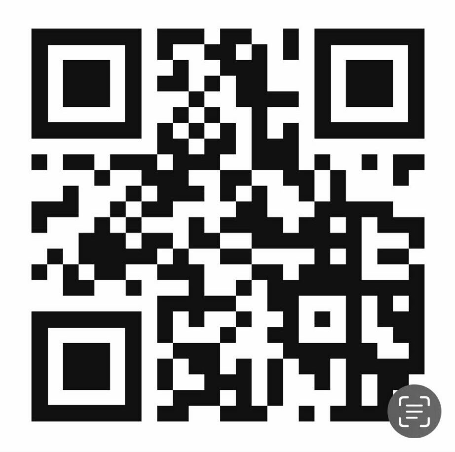 Black and white QR code on a smartphone screen, with a share icon at the bottom left and a menu icon at the bottom right.