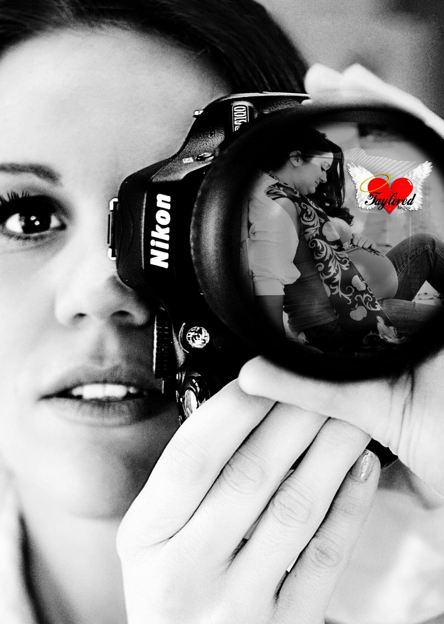 Close-up of a woman holding a Nikon camera, capturing a reflection of herself with a tattooed arm, and a red heart with text.