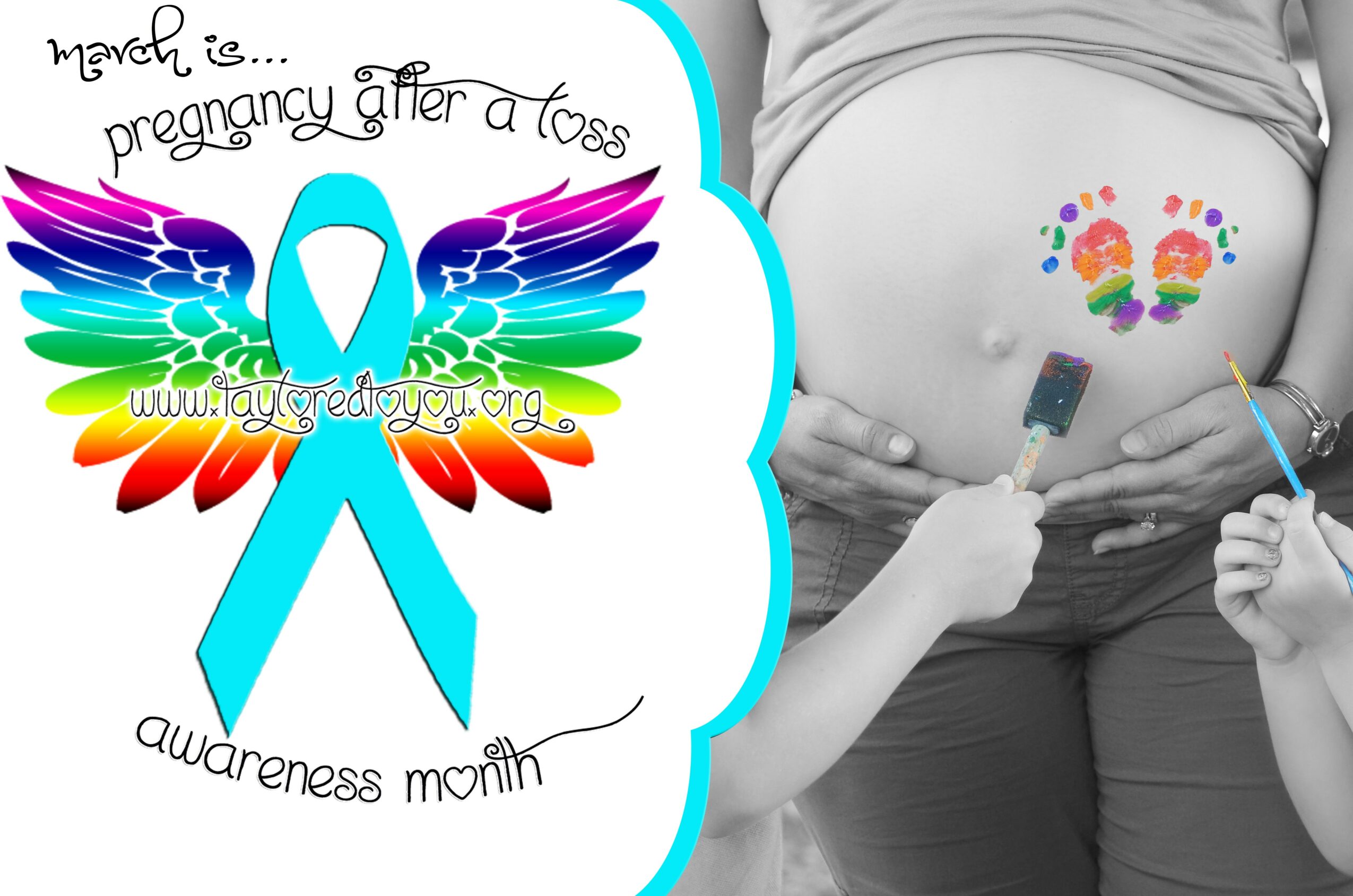 Person with colorful rainbow design on stomach, holding a child, during awareness month for pregnancy after loss, with a logo and text about awareness.