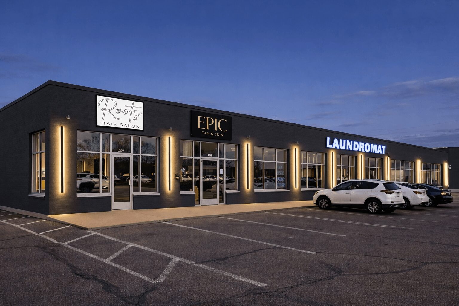 Commercial building with signs for a restaurant, epic, laundromat, and other businesses, with parked cars in front, during evening.