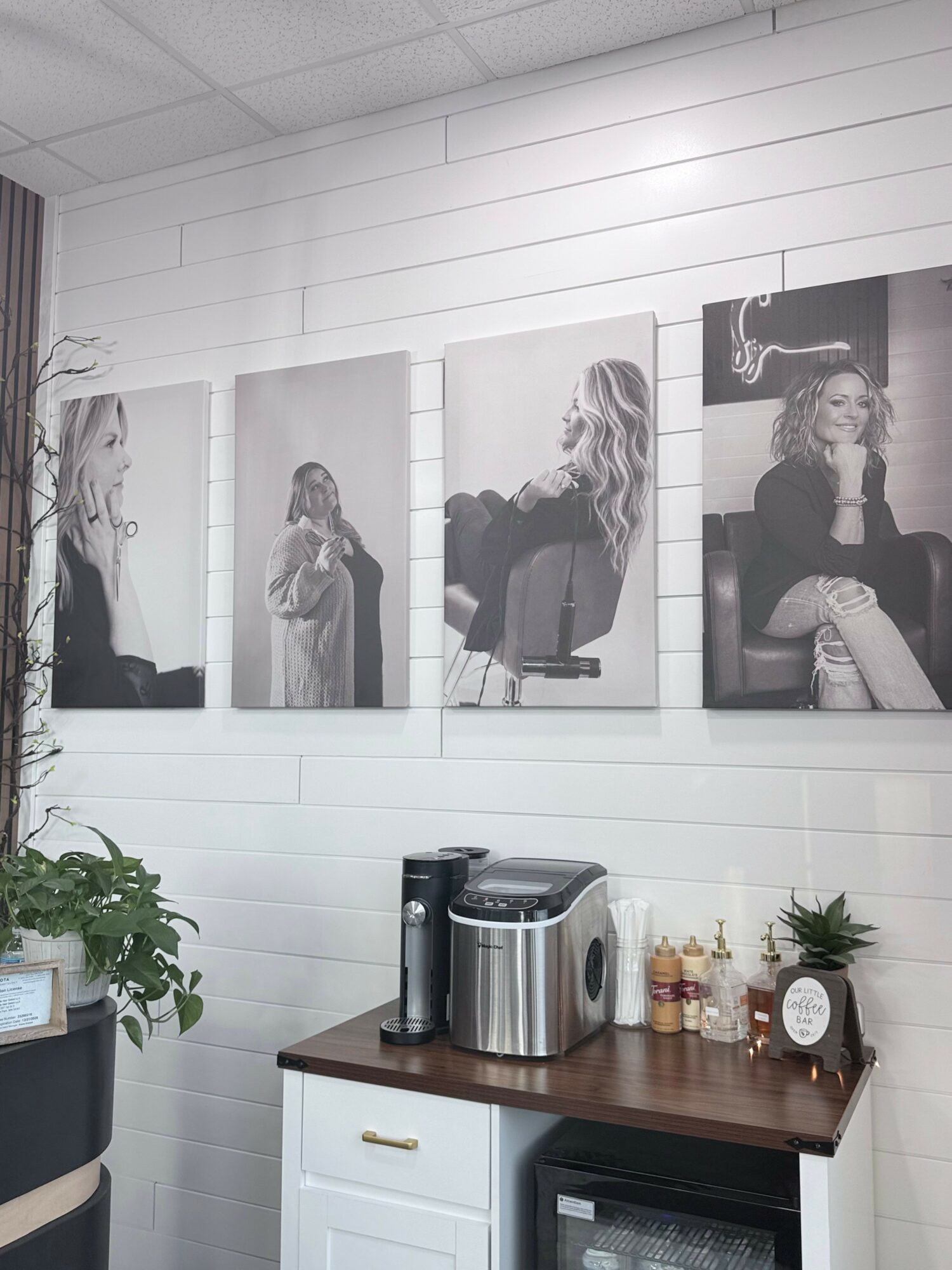 Four black-and-white portraits of a woman are displayed on a white wall above a wooden counter with a coffee machine and plants.