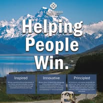 Mountain landscape with lake, text 'Helping People Win', and three sections labeled Inspired, Innovative, Principled.