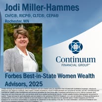 Business card featuring Jodi Miller-Hammes, Rochester, Minnesota, with a photo of a woman smiling outdoors, and logos for Continuum Financial Group.