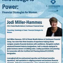 Poster featuring Jodi Miller-Hammes, CEO of Continuum Financial Group, with text about financial strategies for women.