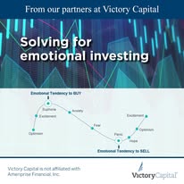 Financial chart with lines and labels about emotional investing and selling, with a blue background and Victory Capital logo.
