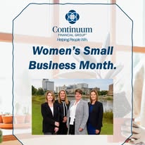 Group of four women standing outdoors with a building and greenery in the background, celebrating Women's Small Business Month.