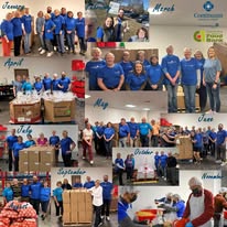 Group of people in blue shirts participating in various activities, including packing boxes and posing for photos, with months labeled.
