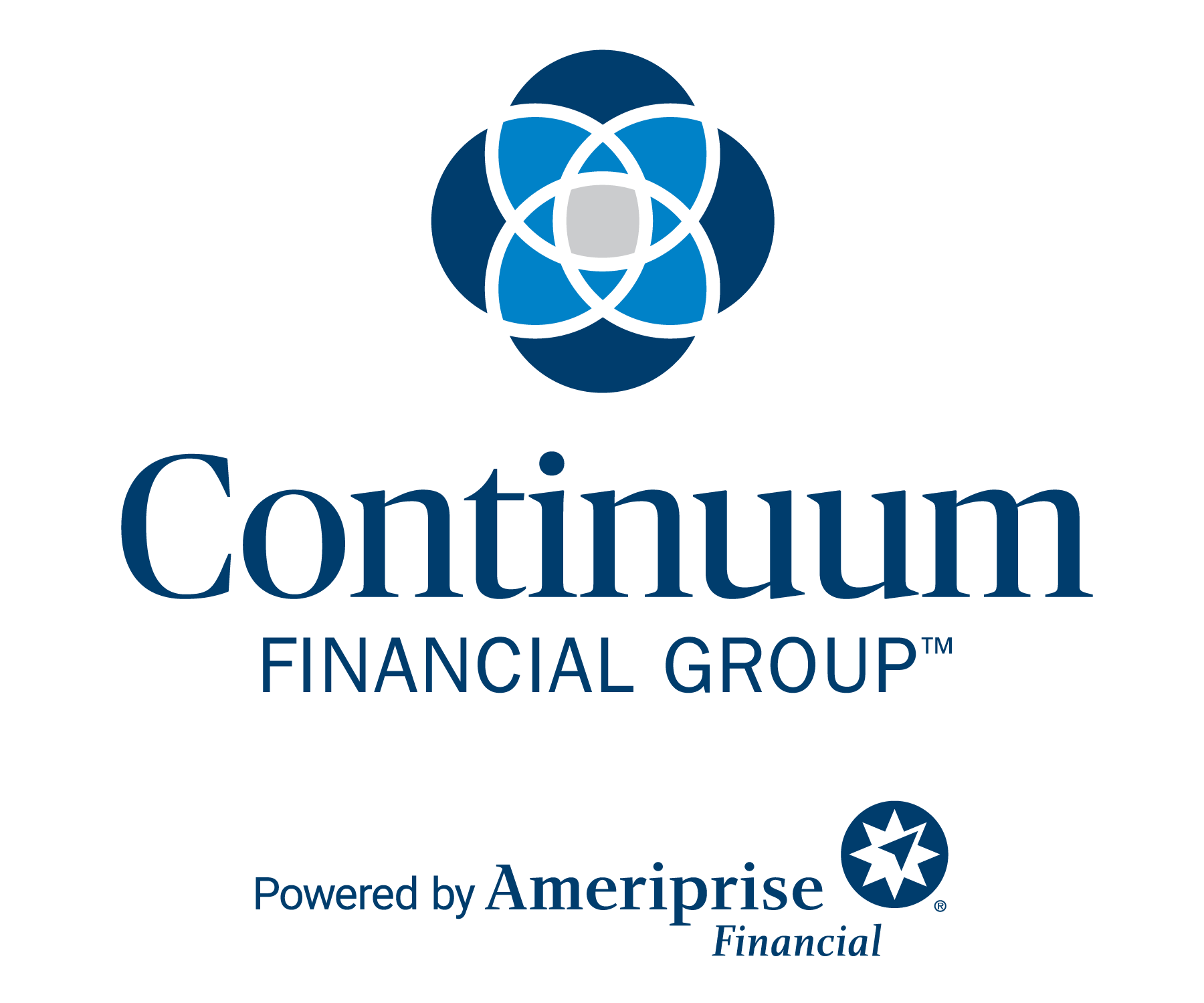 Continuum Financial Group logo with a blue geometric flower and text, on a black background.