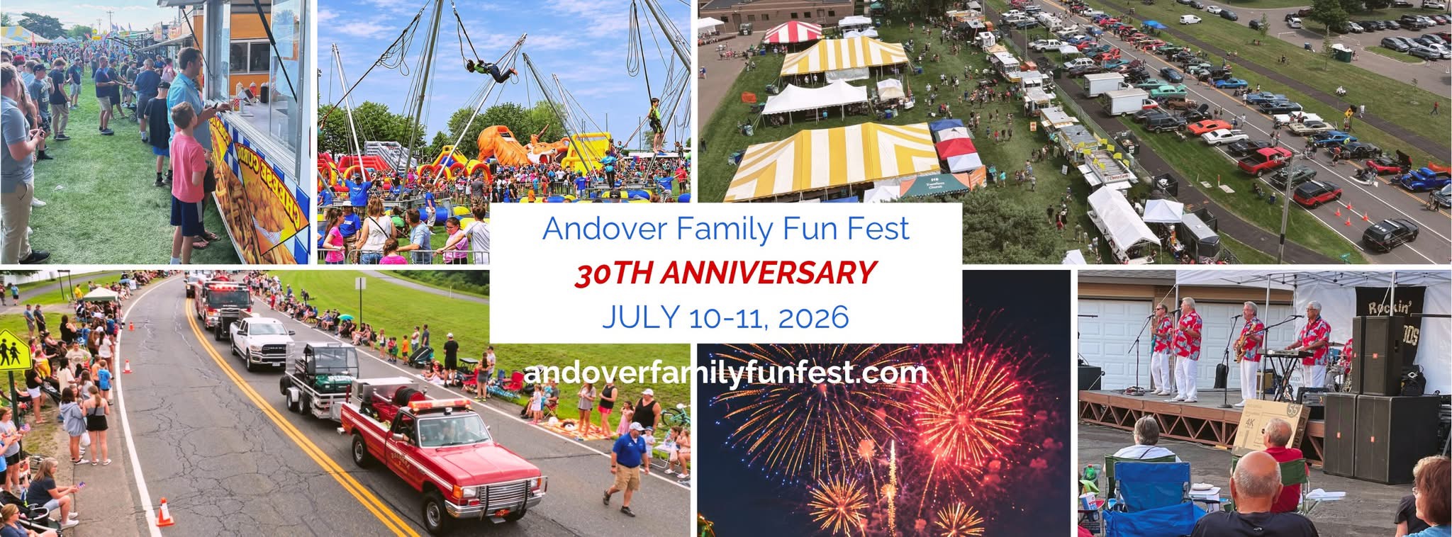 Collage of images from a family fun festival, parade, fireworks, and outdoor activities, celebrating the 30th anniversary from July 10-11, 2026.