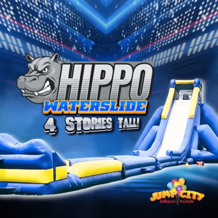 Inflatable water slide with a blue and yellow color scheme, featuring a lion mascot and text about a water slide event.