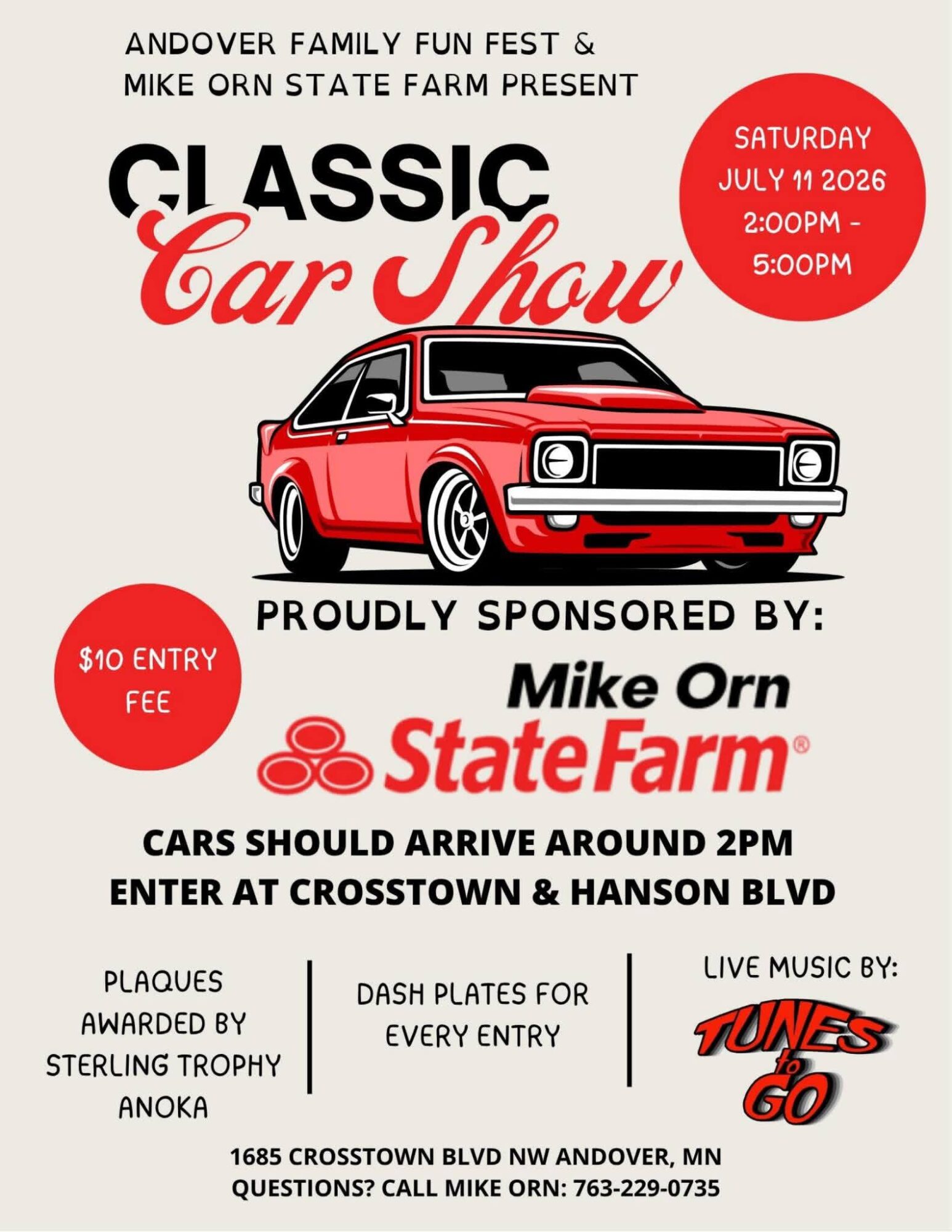 Event poster for classic car show with a red vintage car, date, time, entry fee, sponsor logos, and event details.