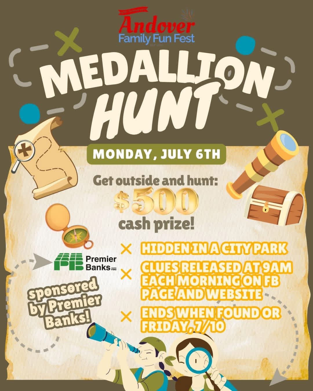 Event poster for Medallion Hunt at Andover Family Fun Fest on July 6th, with clues, cash prize, and a city park location.