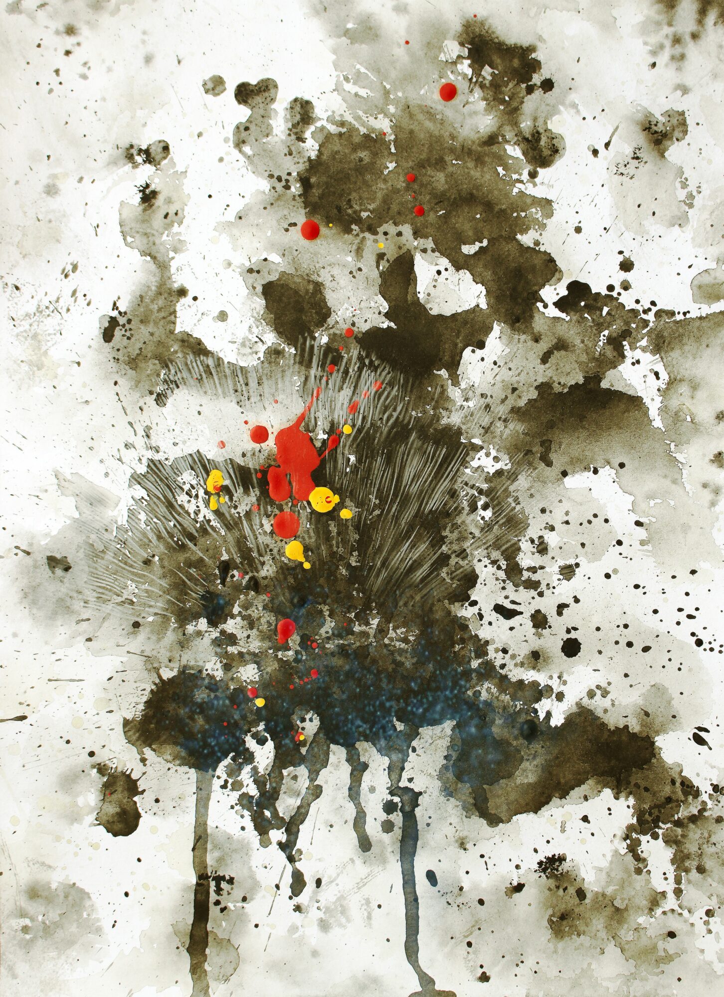 Abstract ink and paint splashes with red and yellow dots on a white background.