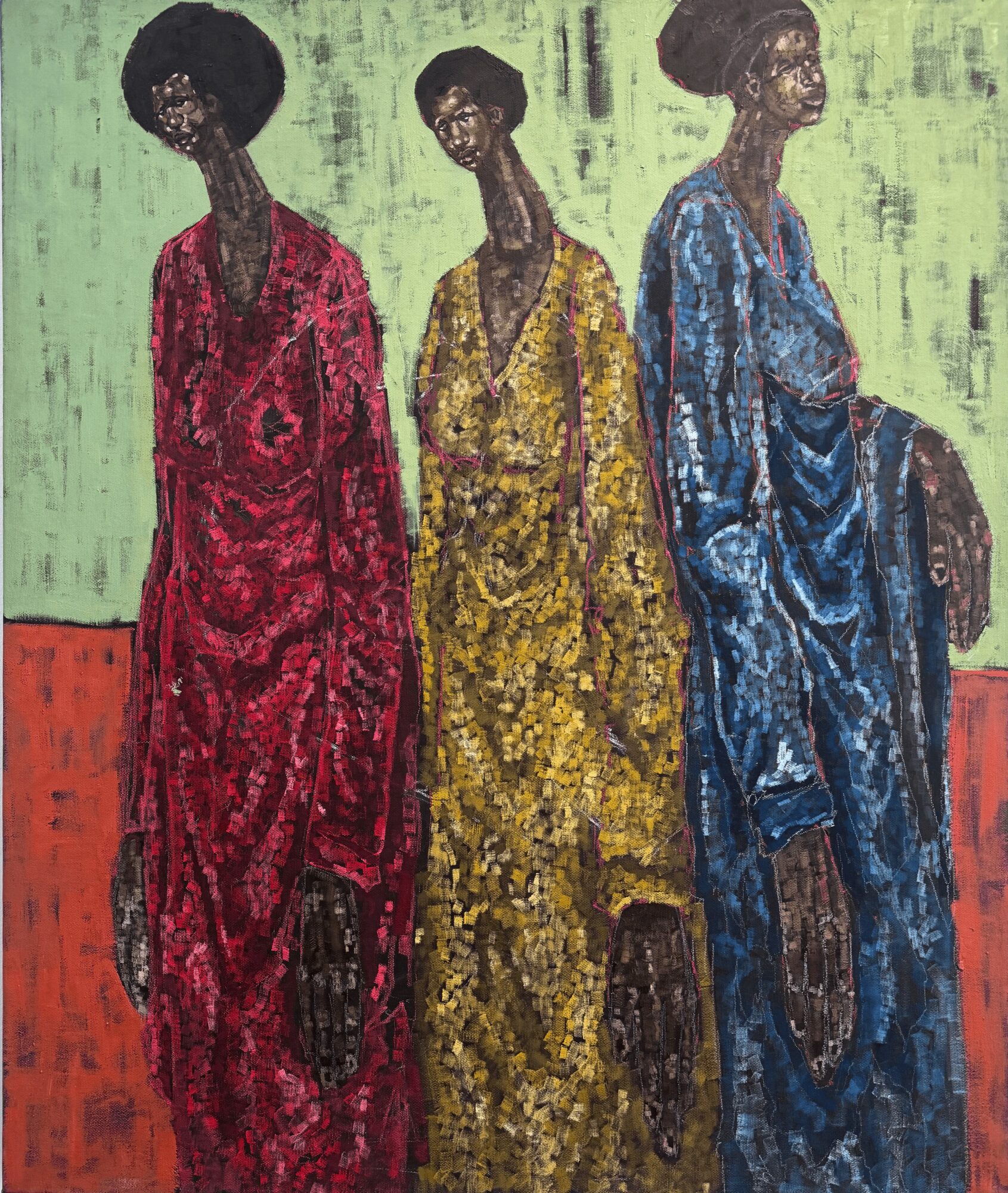 Three women in colorful dresses standing against a green background, with a red floor visible. The image is rotated 90 degrees clockwise.