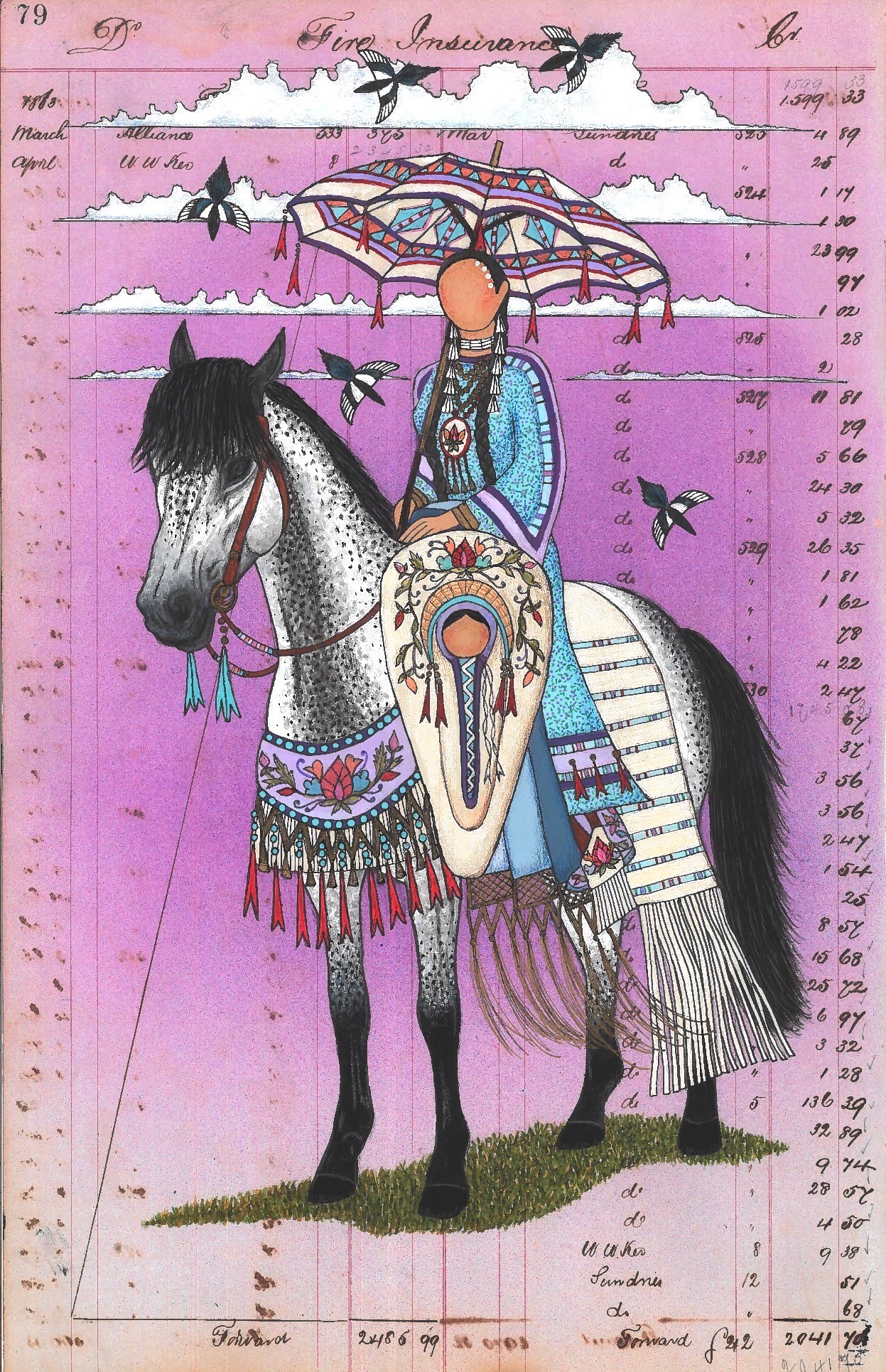 Person riding a decorated horse with an umbrella, butterflies, and a pink background, with text and numbers above and below.