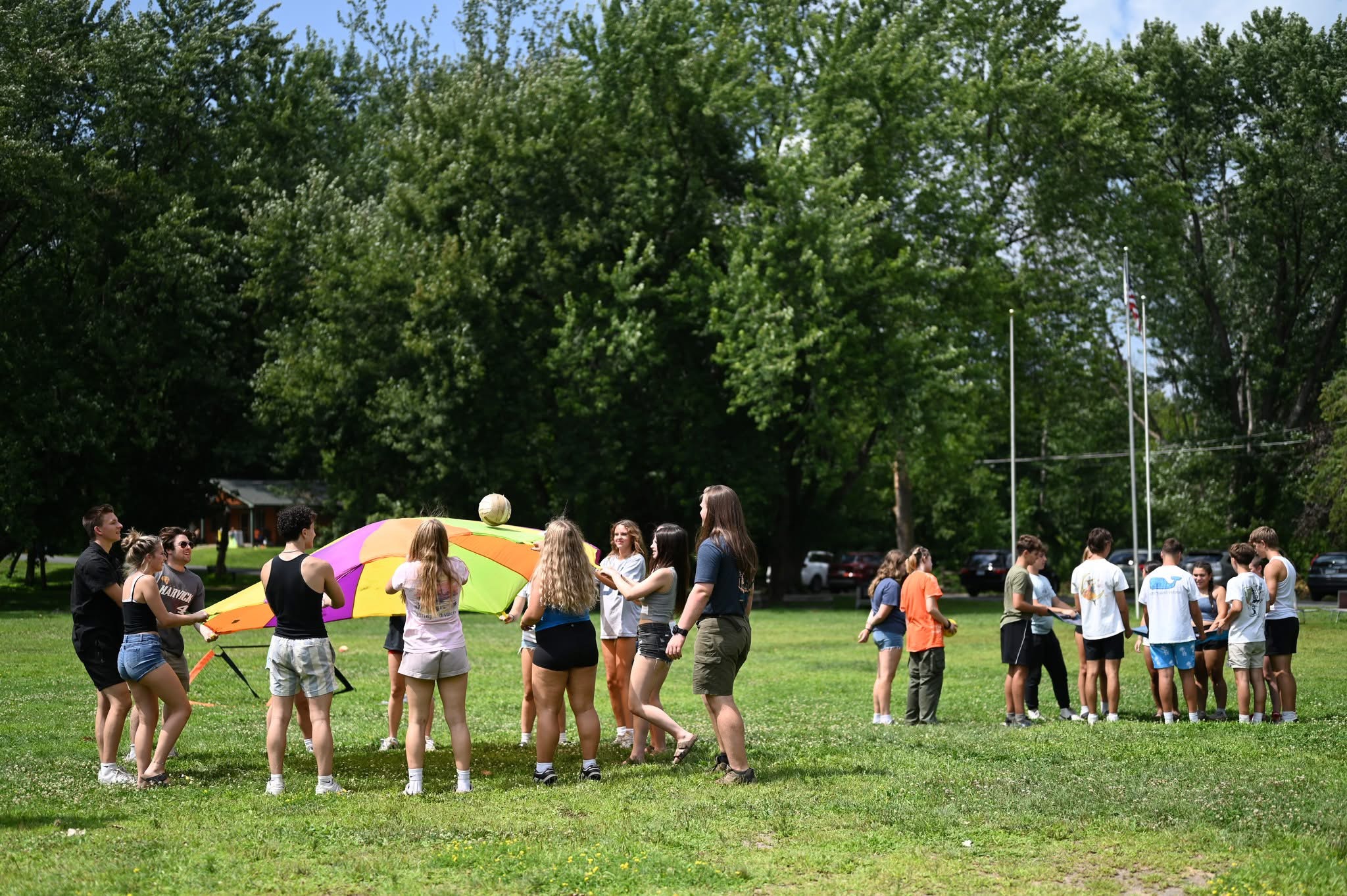 Group of children and adults playing with a ball outdoors on a grassy field, trees in the background.