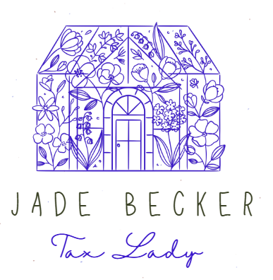 Line drawing of a greenhouse with flowers and plants, with the text 'Jade Becker' and 'Tax Lady' below.