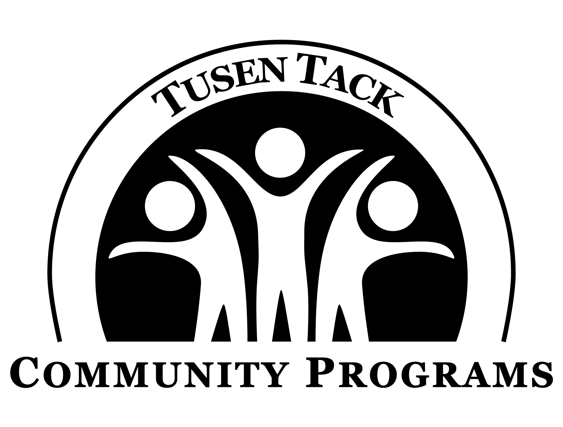 Logo with three stylized human figures inside a circle, with text 'TUSEN TACK' above and 'COMMUNITY PROGRAMS' below.