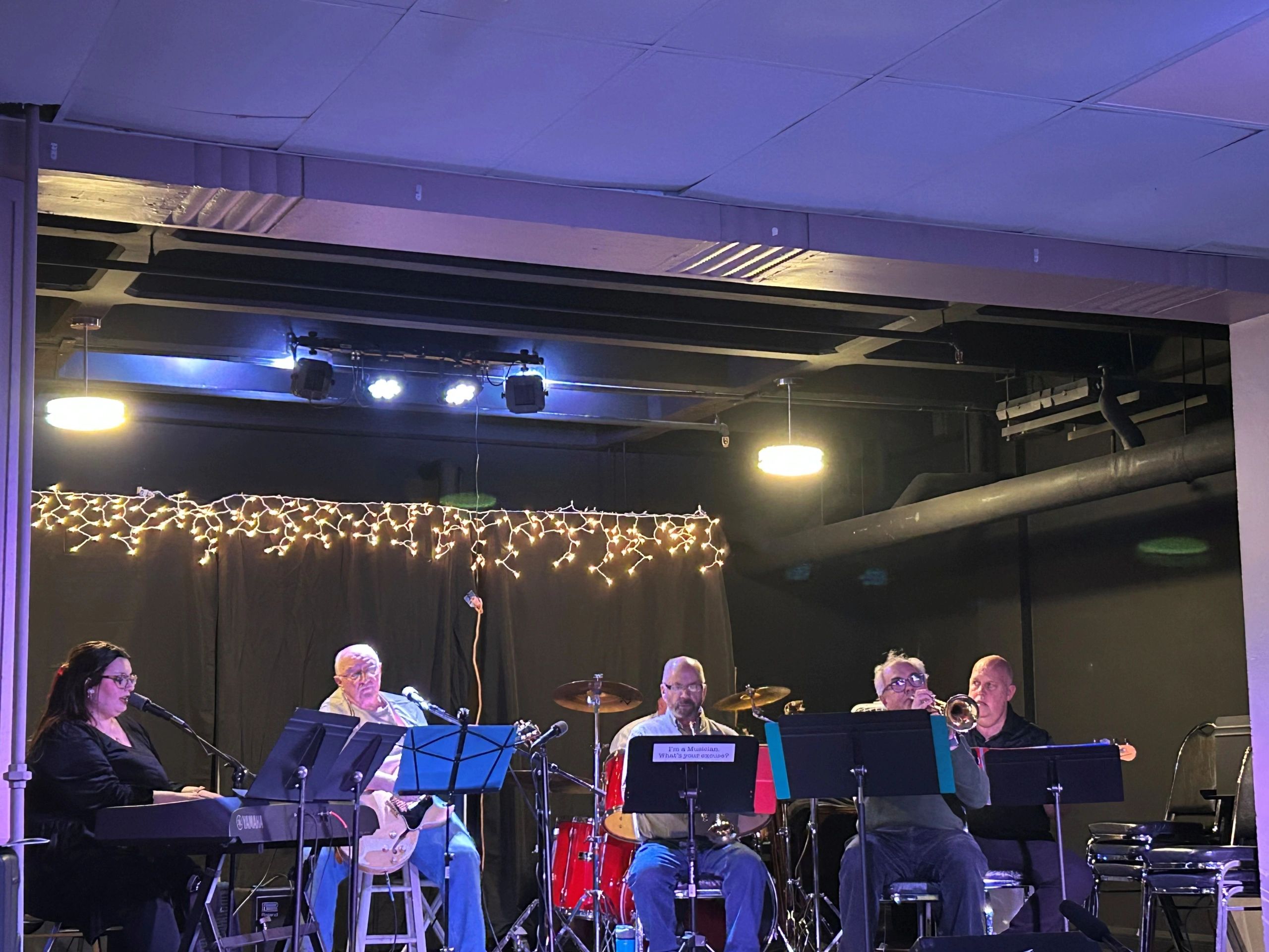 Five musicians perform on stage with instruments, illuminated by stage lights and string lights, in a dark venue.