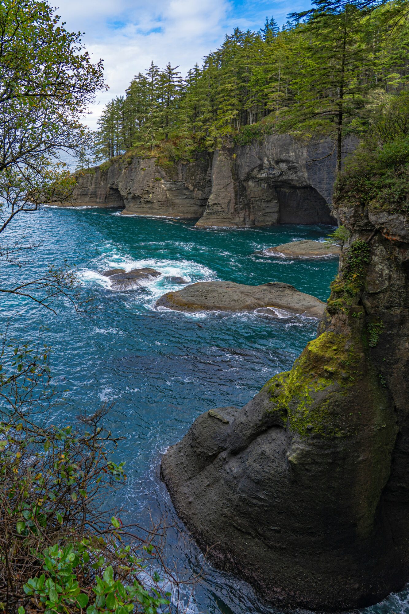 Cliffside with trees over a blue river, rocks, and a cave opening, under a partly cloudy sky.