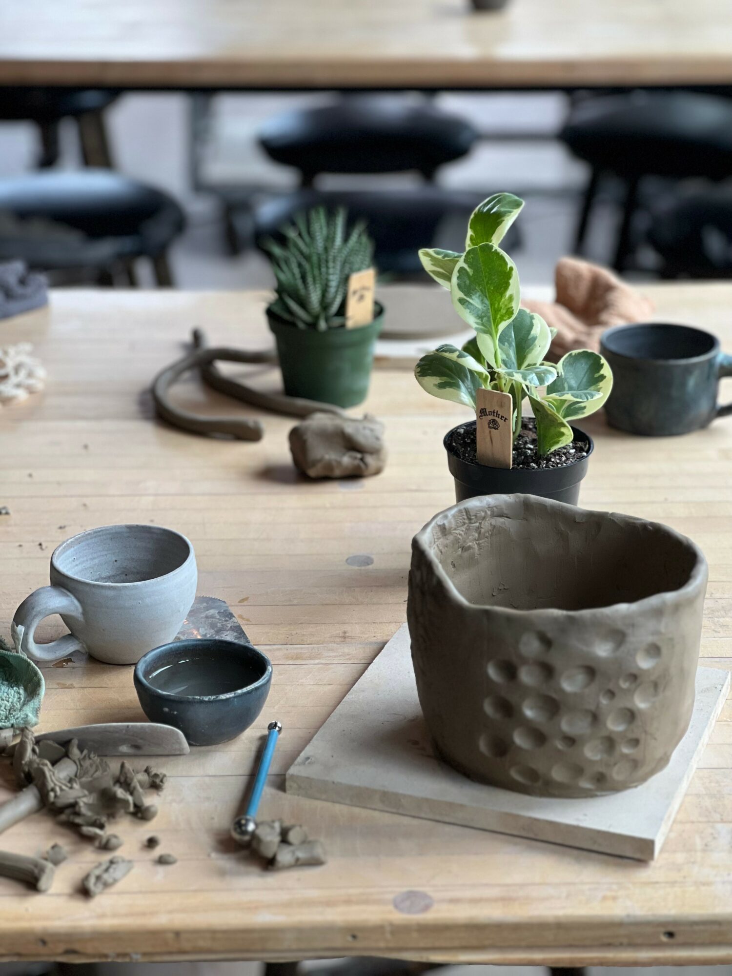 Wooden table with potted plants, ceramic cups, a large textured pot, and art supplies, in a cozy indoor setting.