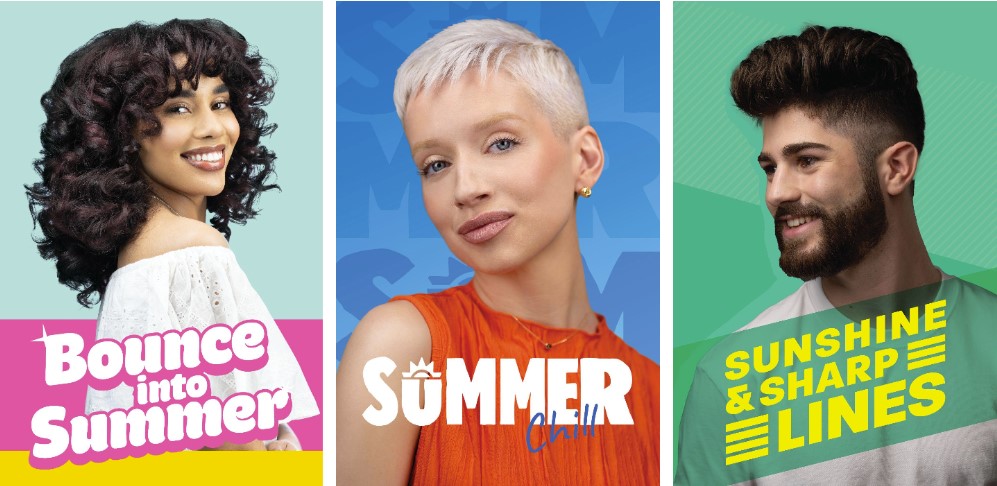 Three people smiling, each with colorful backgrounds, promoting summer activities and themes.