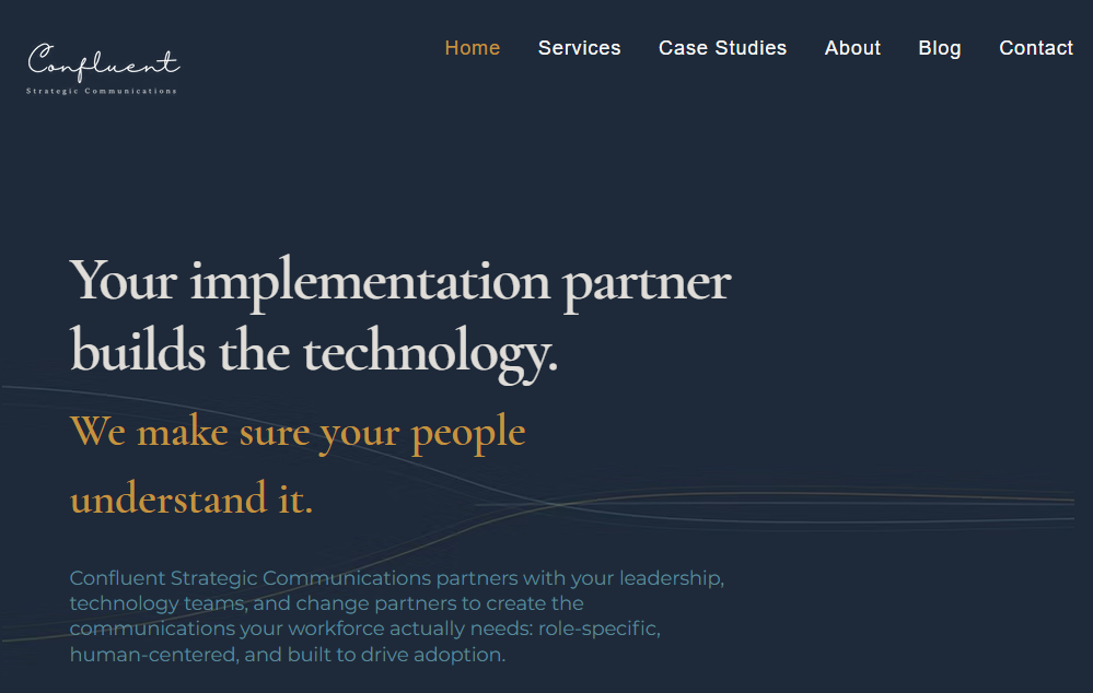 Website homepage with navigation menu and text about technology and communication, dark background, white and orange text.