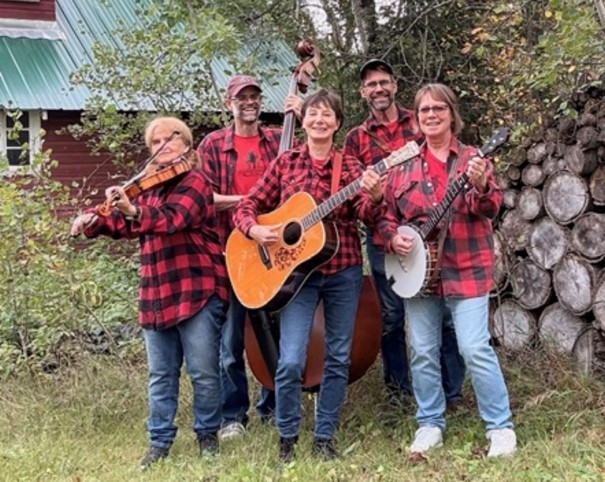 Group of six people outdoors, playing musical instruments, wearing red plaid shirts, standing near a stack of logs and trees.