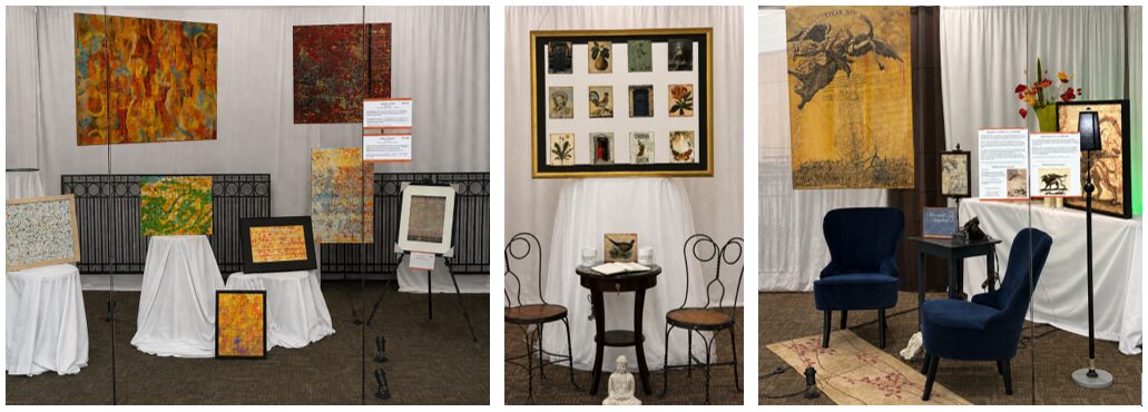 Three art display scenes with paintings, furniture, and chairs, arranged in galleries or exhibition settings.