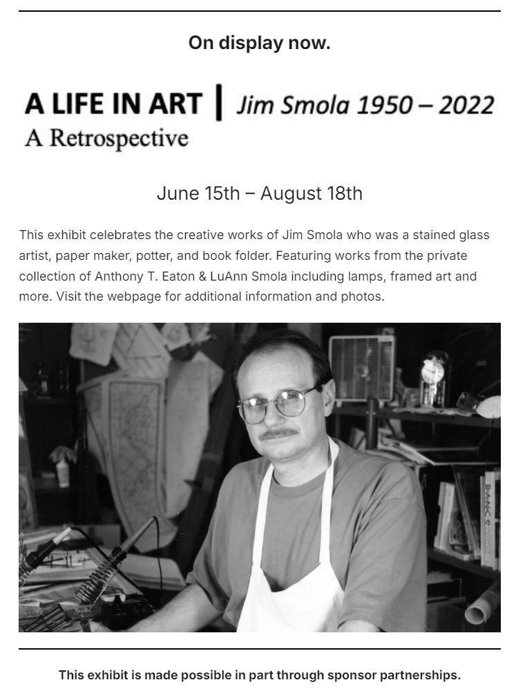 Exhibition poster featuring a black and white photo of a man wearing glasses and an apron, with bookshelves in the background.
