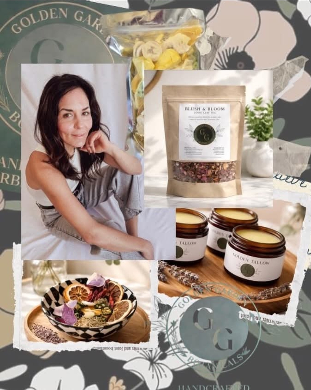 Collage of a woman, a flower bouquet, a bag of tea, skincare jars, and a dessert plate with fruit and chocolate.
