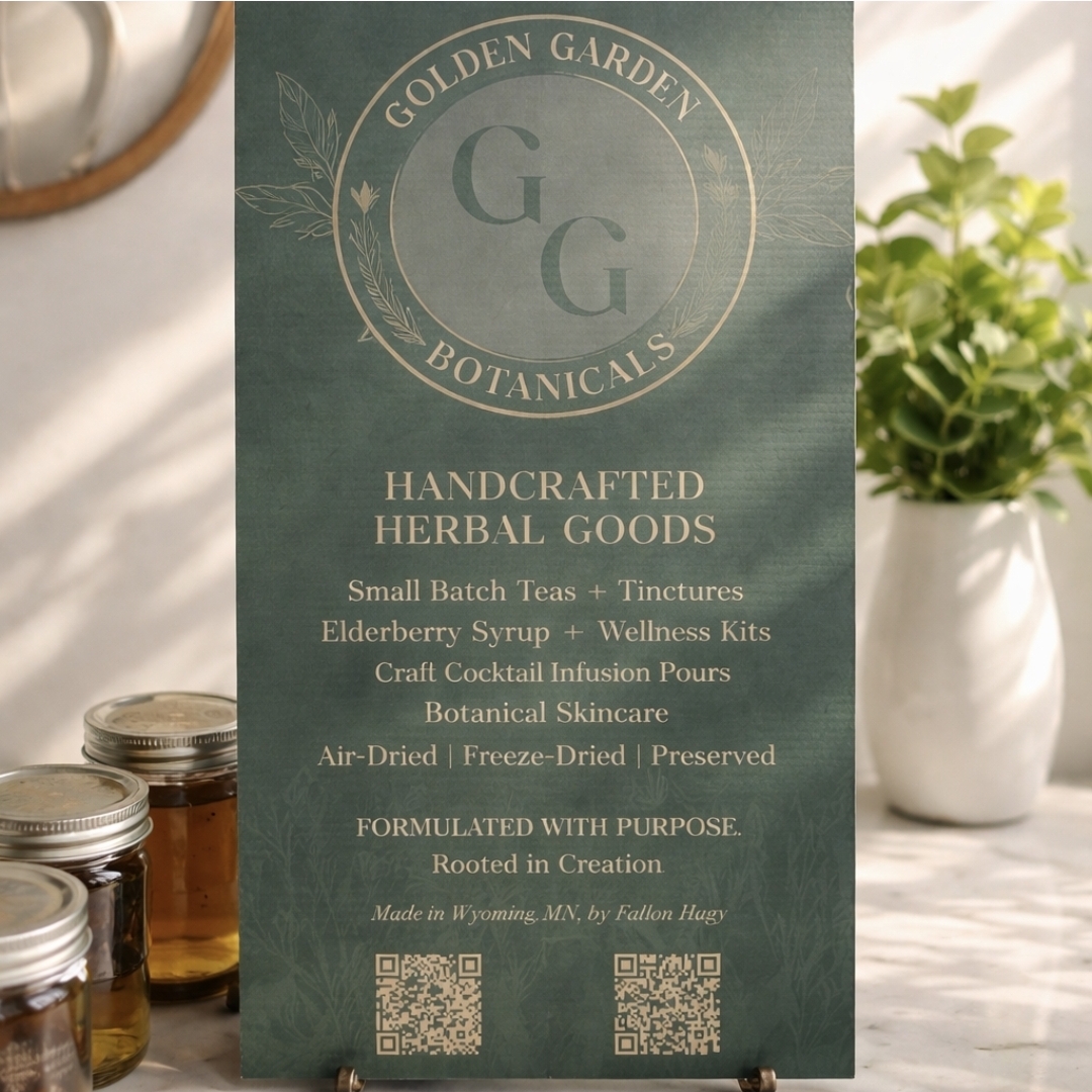 Green herbal product label with gold text and logo, listing handcrafted herbal goods and ingredients, with potted plant and jars nearby.
