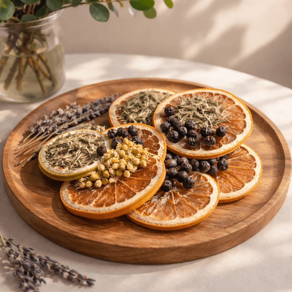 Round wooden tray with dried citrus slices and herbs, on a white surface with a plant in the background.