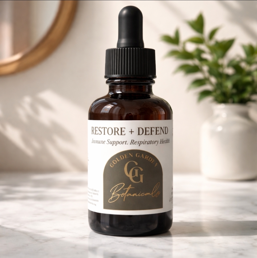 A small brown glass dropper bottle labeled 'Restore + Defend' on a marble surface with a plant in the background.