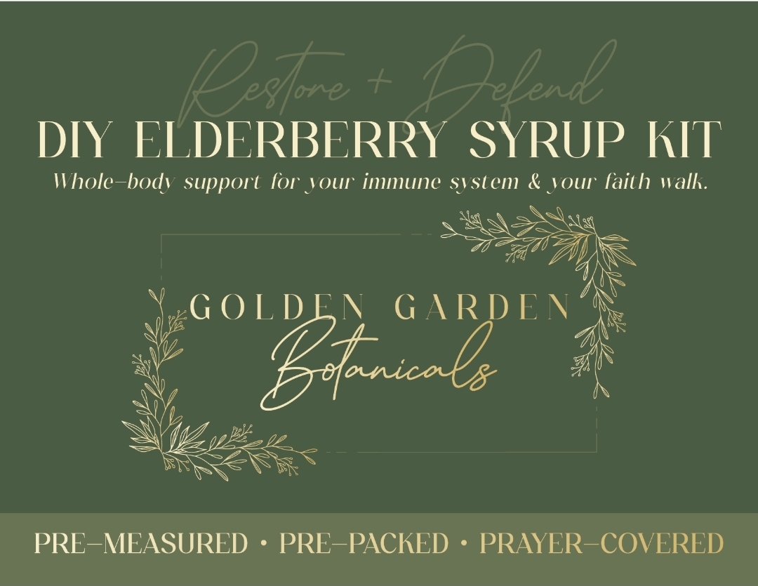Green packaging label for elderberry syrup kit with botanical design, text about immune support, and brand name Golden Garden Botanicals.