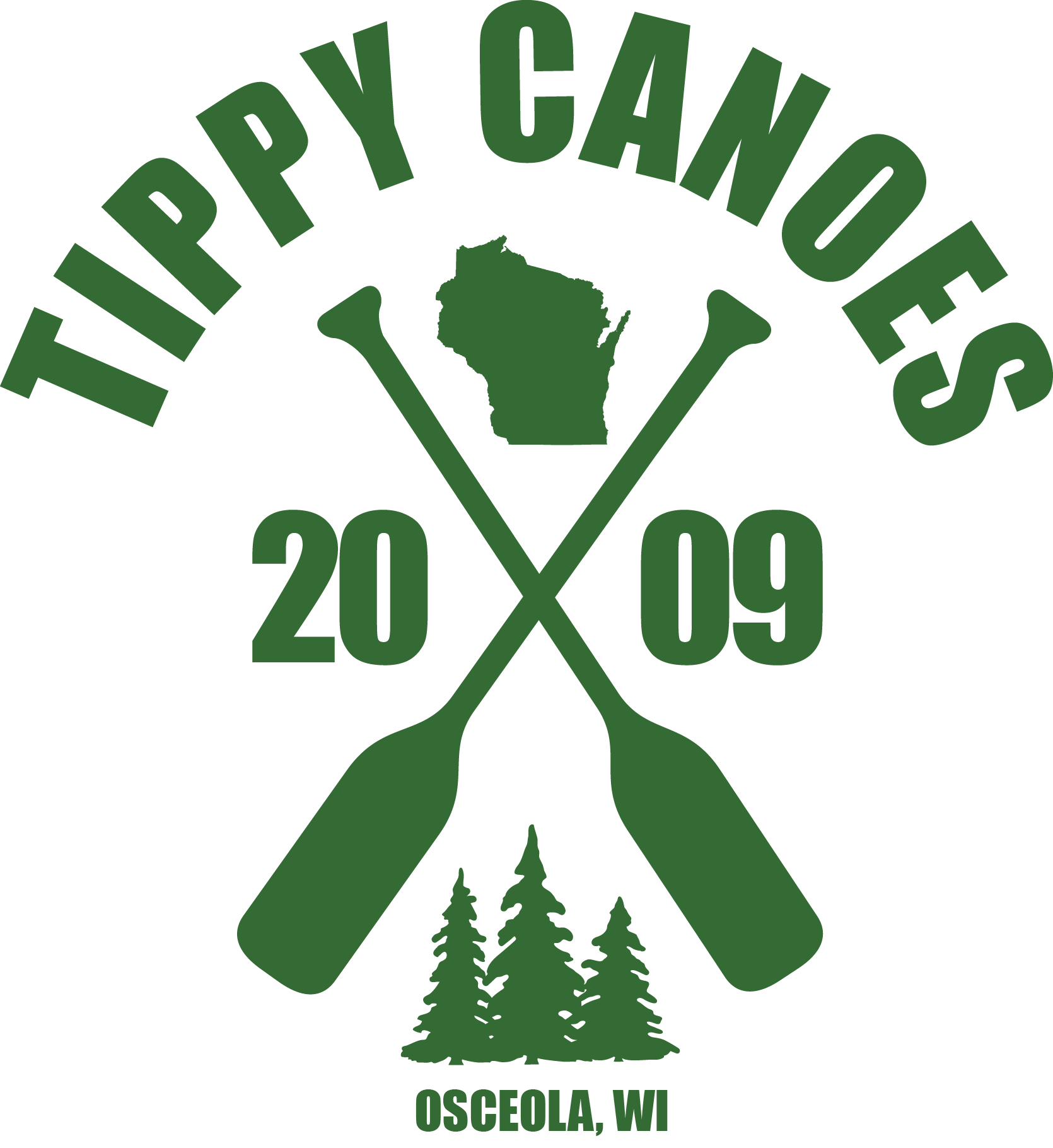 Logo with green text and images on black background, featuring paddles, a map, trees, and the year 2009.