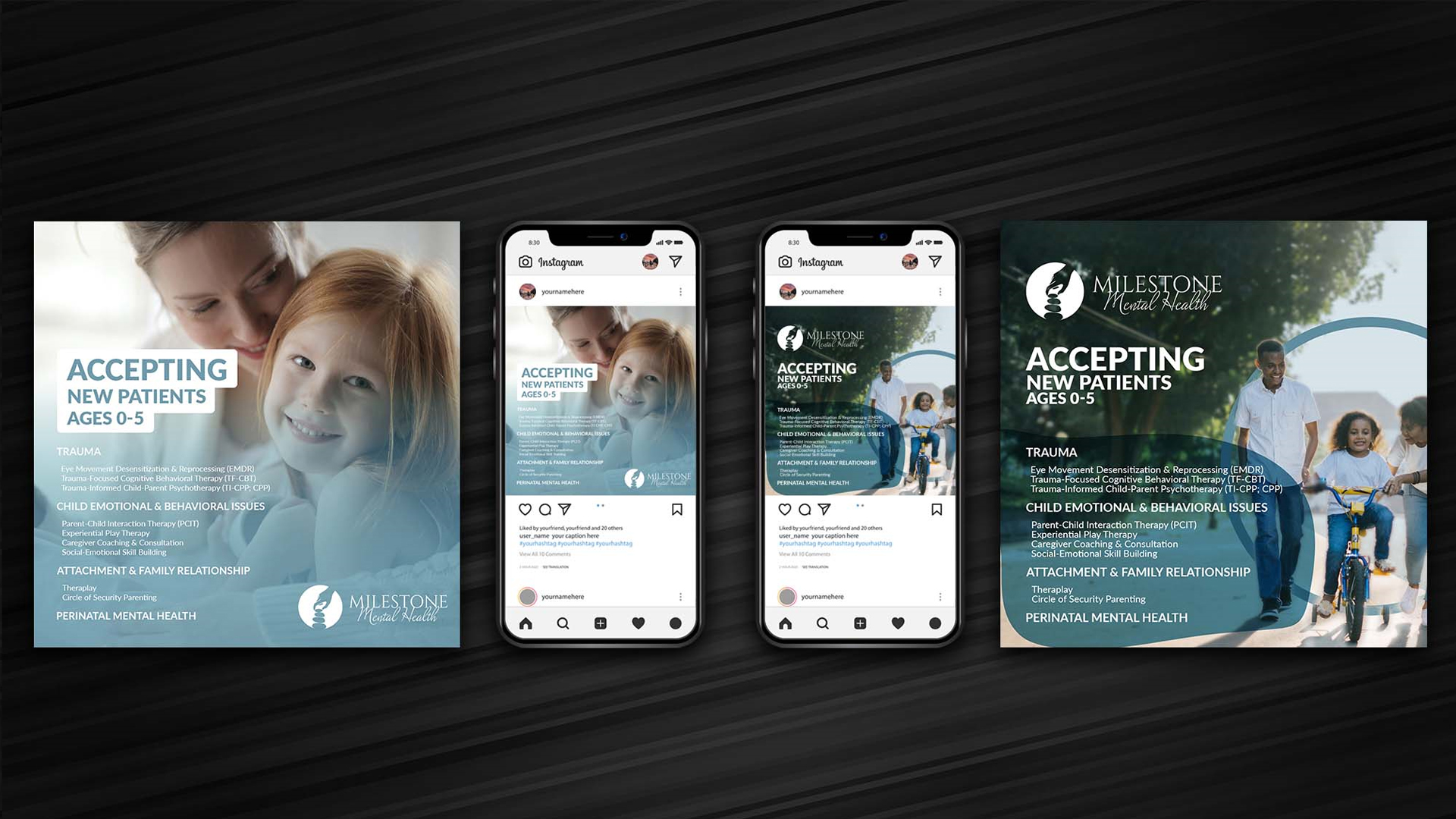 Three social media posts and a flyer about accepting new patients, featuring children and families, with blue and white color schemes.