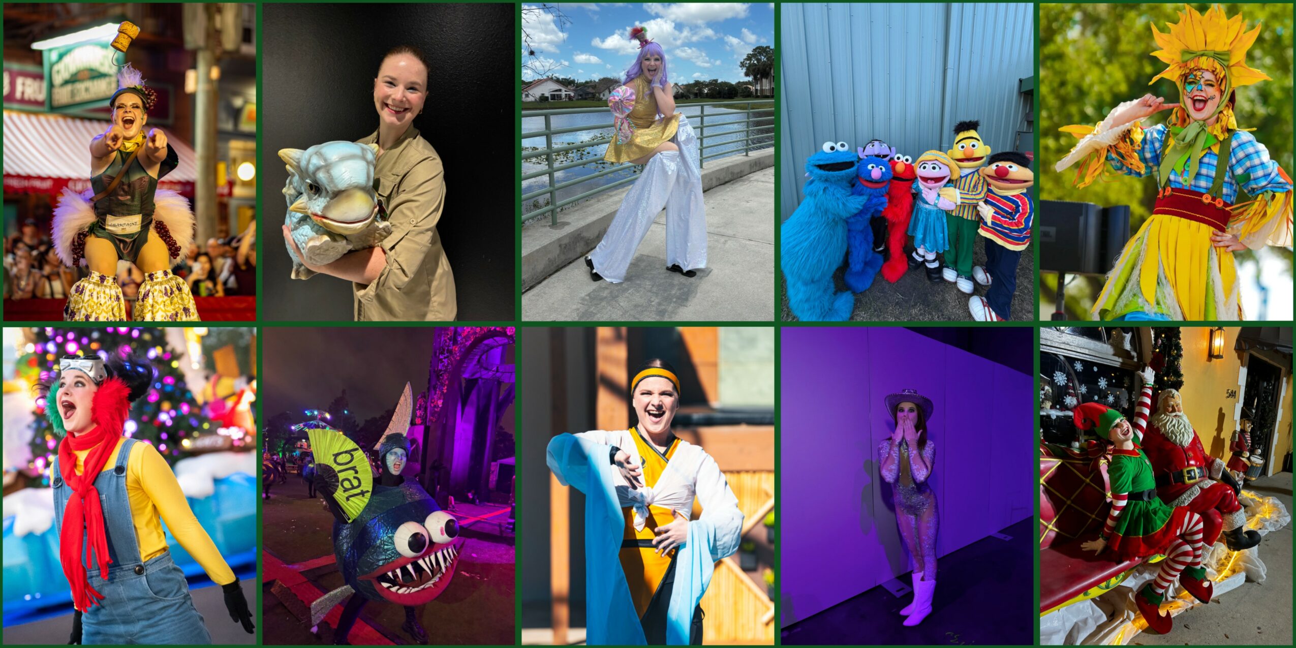 Collage of children in costumes, playing, and celebrating outdoors and indoors, with colorful backgrounds and props.
