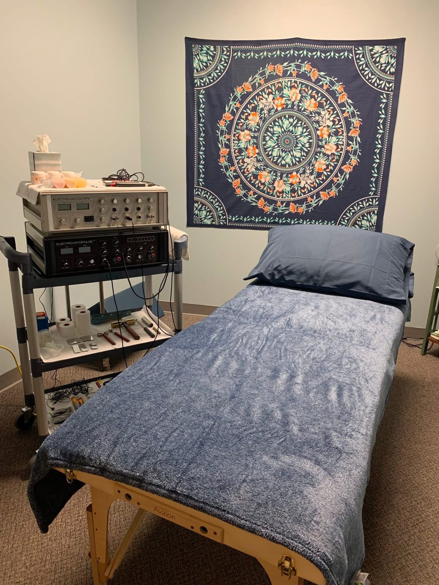 Treatment room with bed, medical equipment, and a decorative tapestry on the wall.