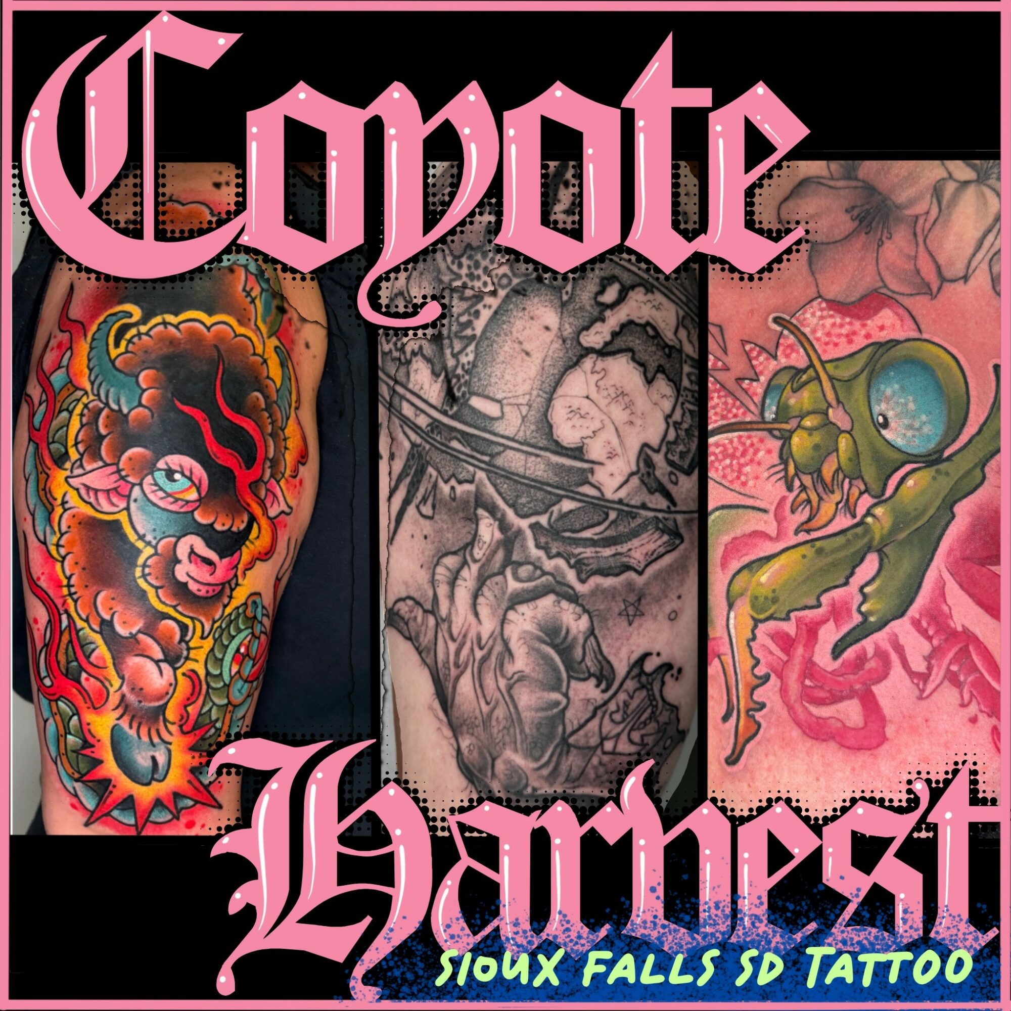 Three tattoo designs: a colorful dragon, a black and gray warrior, and a green insect on pink background.