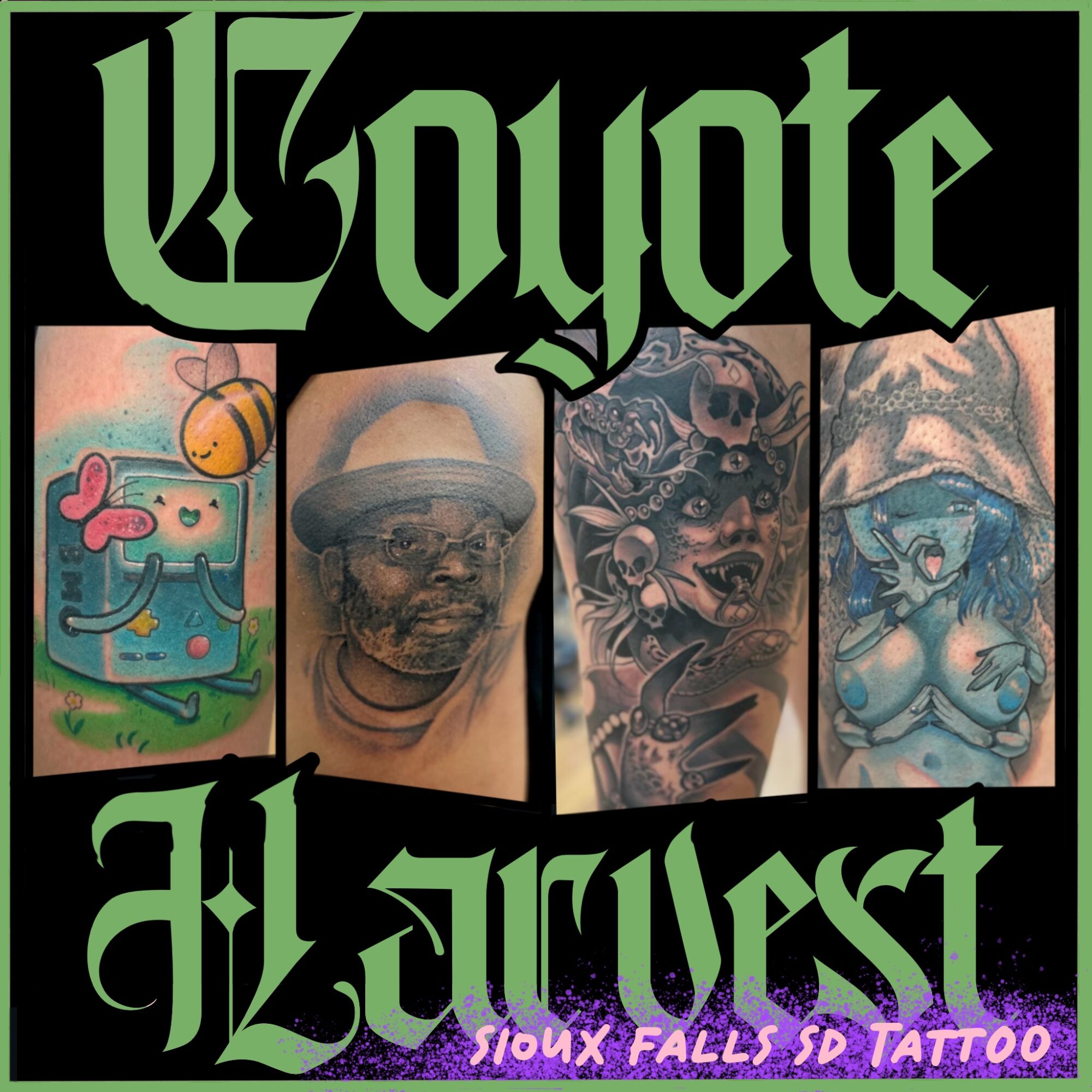 Four tattoo images of various designs, with bold green text above and below, and purple text reading 'Sioux Falls SD Tattoo'.