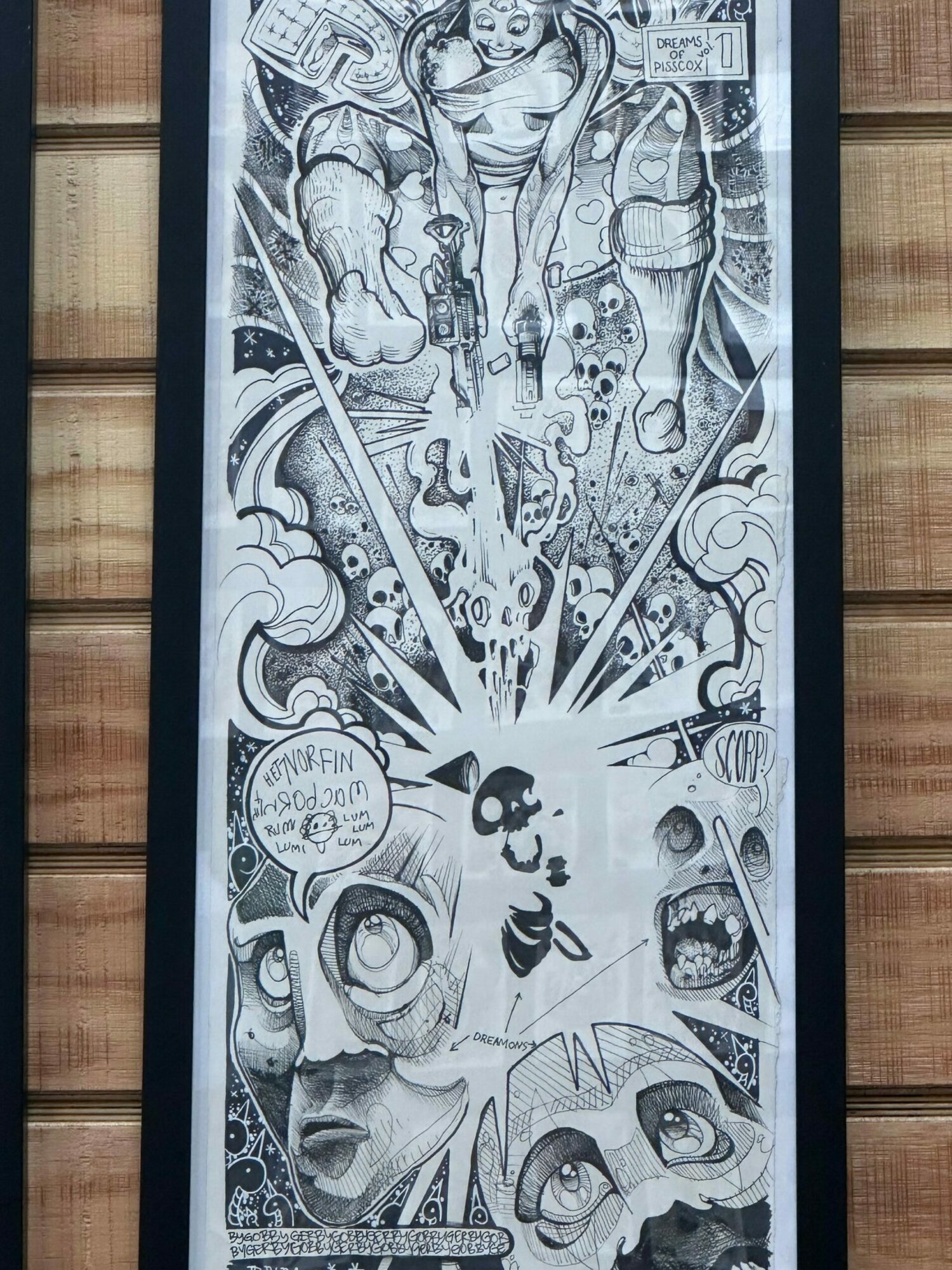 A detailed black and white comic-style illustration with multiple characters, speech bubbles, and dynamic action lines.