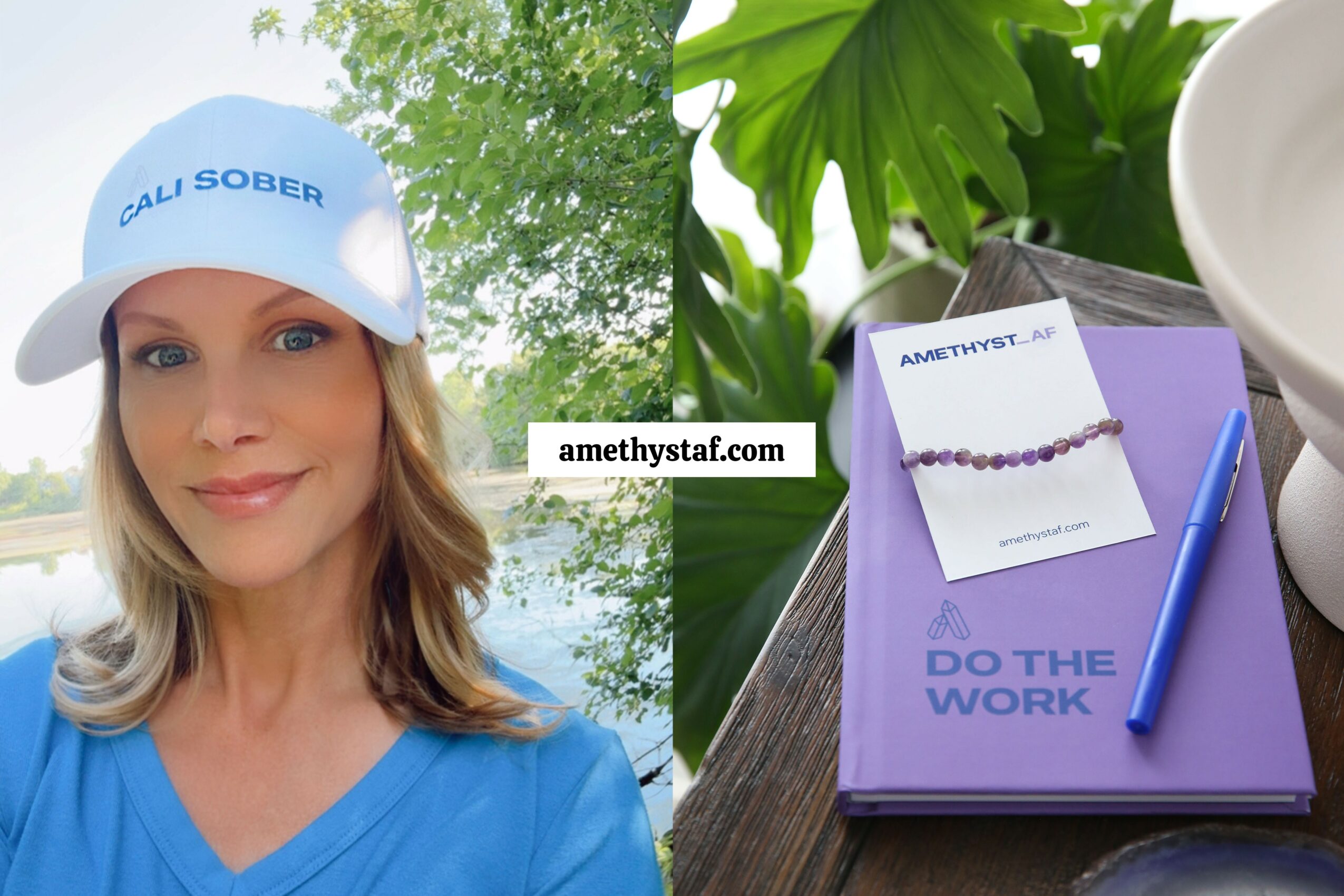 Woman wearing a white cap with blue text, outdoors with green trees, smiling. Desk with notebook, pen, and plant nearby.