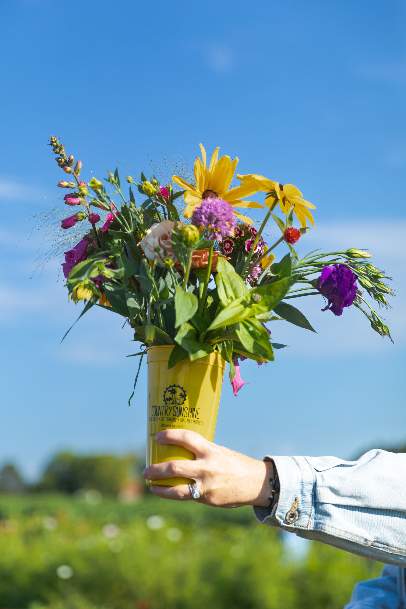 Person holding a colorful bouquet of flowers in a yellow paper wrapper against a blue sky.