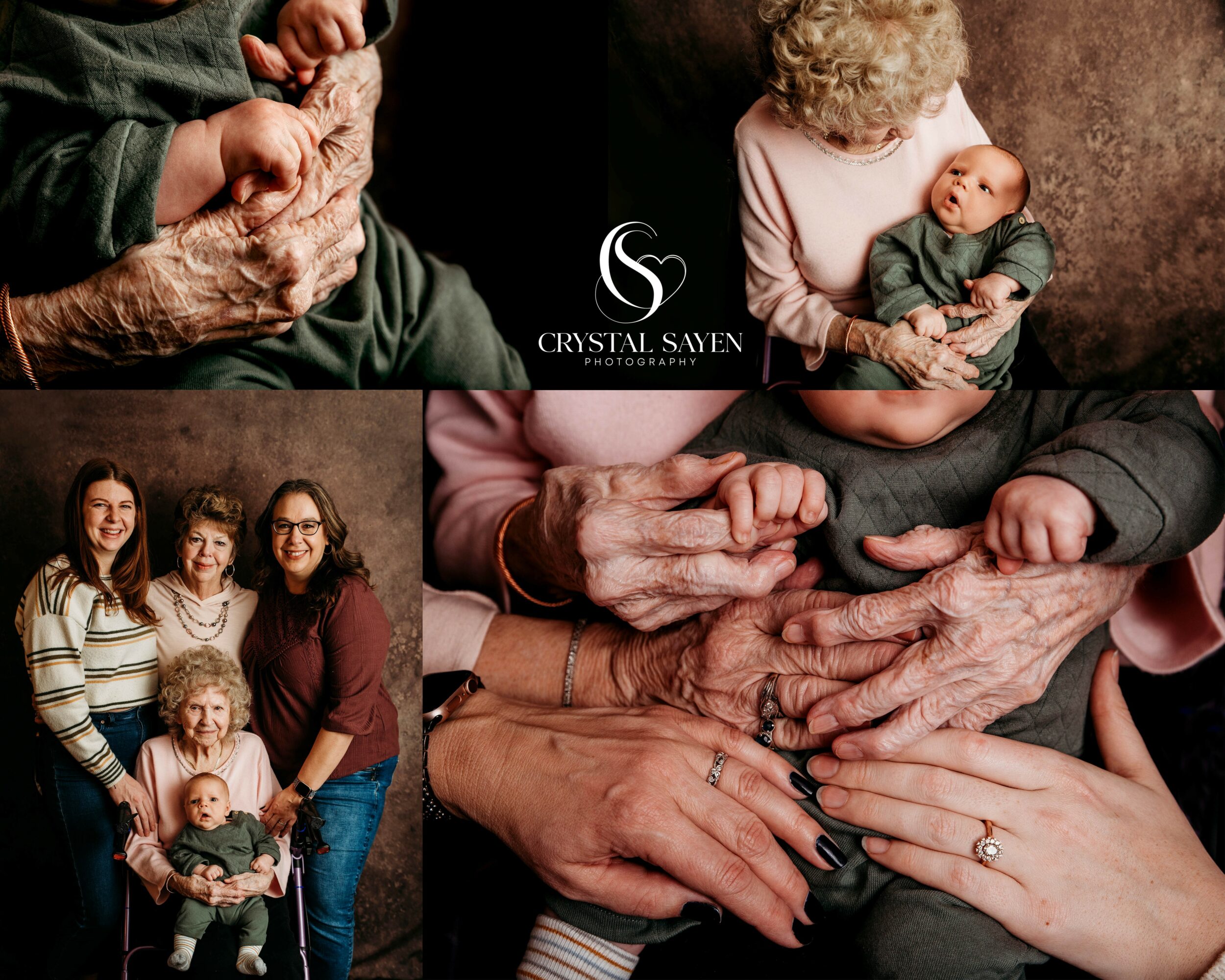 Four images: elderly hands holding a baby, a woman and child with an elderly woman, a group of four people, and hands holding a baby. 20 words.