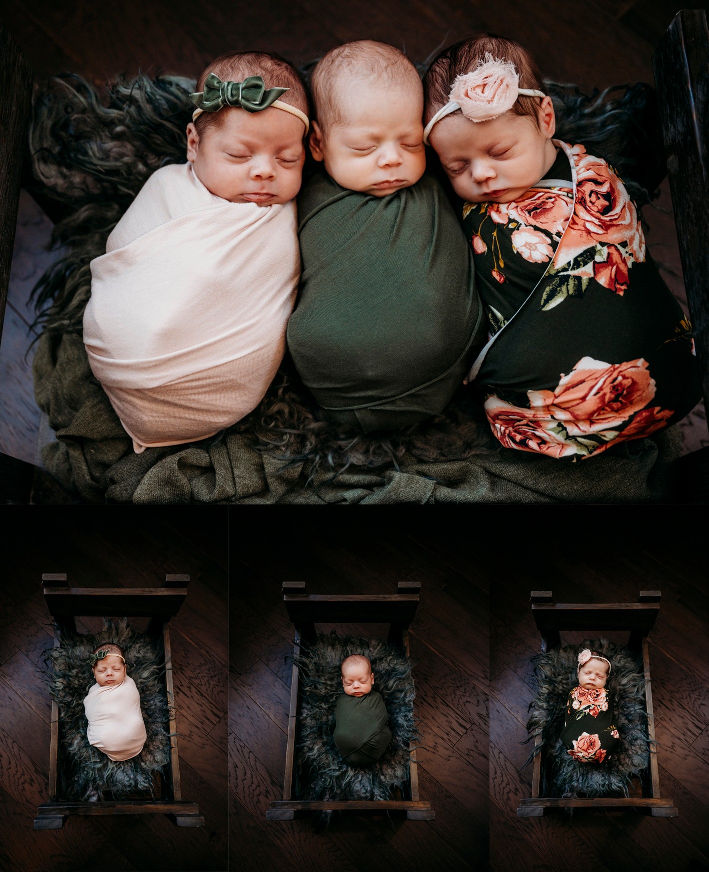 Three babies lying side by side on black fabric, each wrapped in different clothing, with two smaller images of babies in cribs below.
