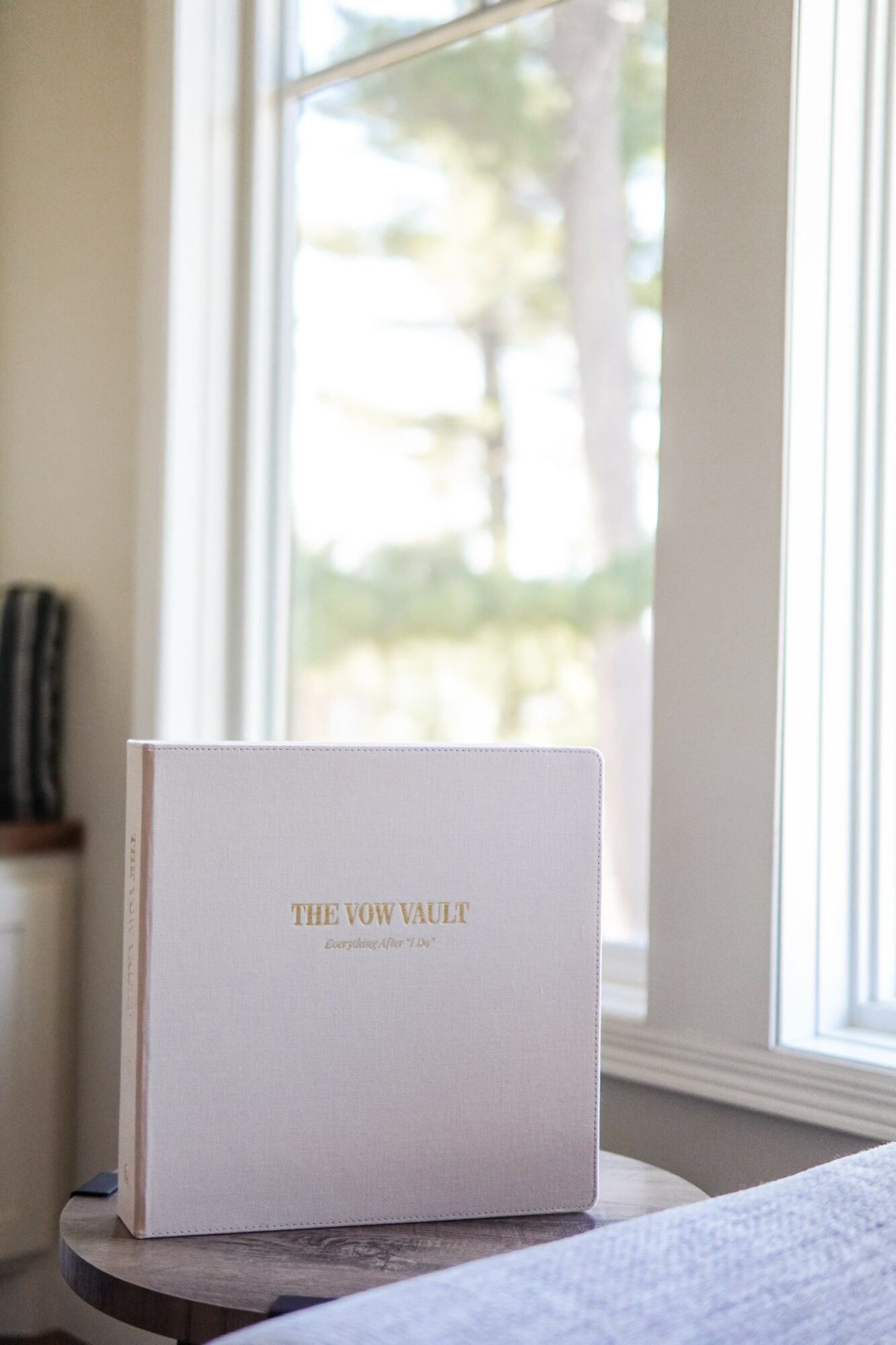 Book titled 'The Wow Wall' on a windowsill with a view of trees outside, natural light coming in.