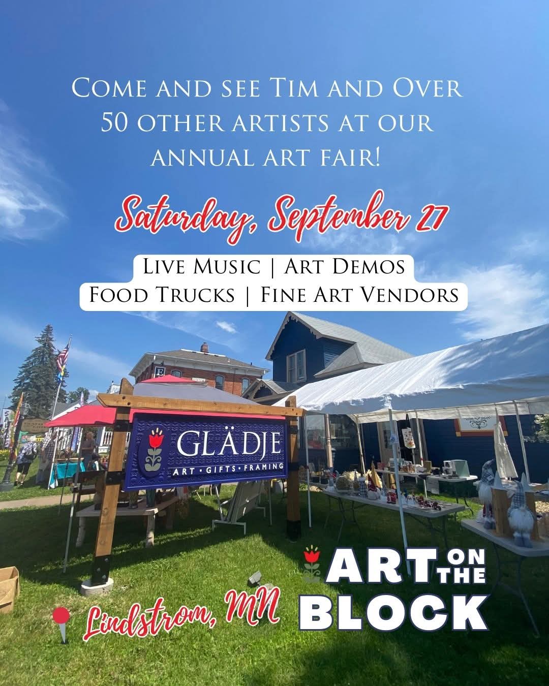 Outdoor art fair with tents, a sign for Gläde art gift jewelry, and event details including music and food vendors.