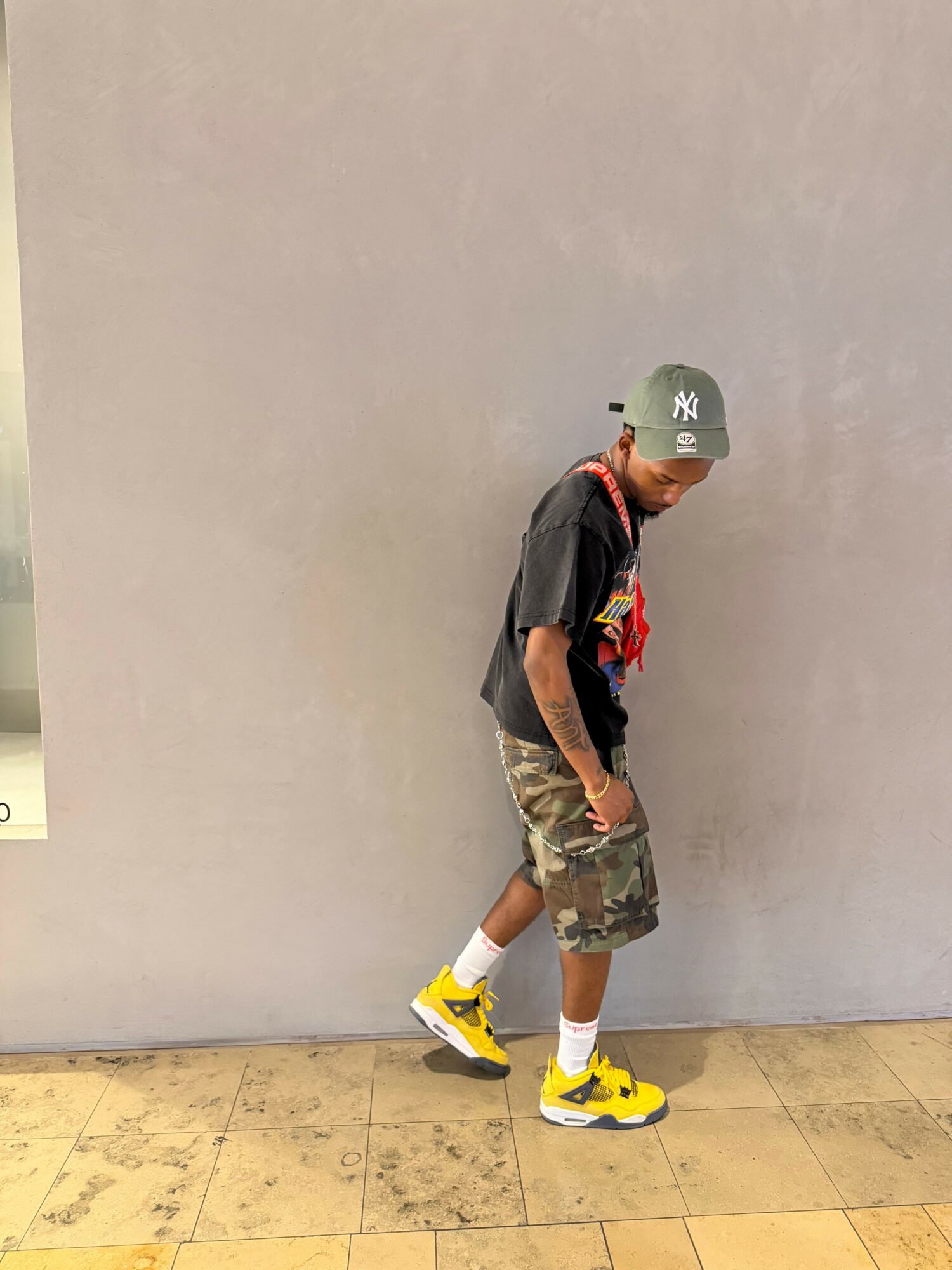 Person standing sideways against a plain wall, wearing a helmet, camouflage shorts, and yellow shoes.
